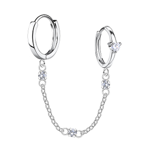 Silver Heart Double Huggie Earrings with Chain22588