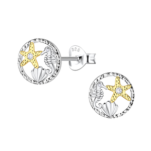 Silver Starfish Seahorse and Shell Stud Earrings24361