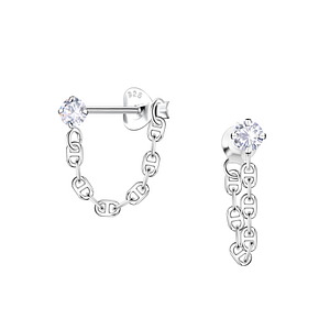 Silver Single Stone Stud Earrings with Chain25423