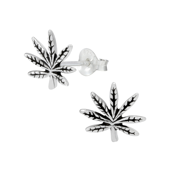 Silver Cannabis Leaf Stud Earrings - 1001