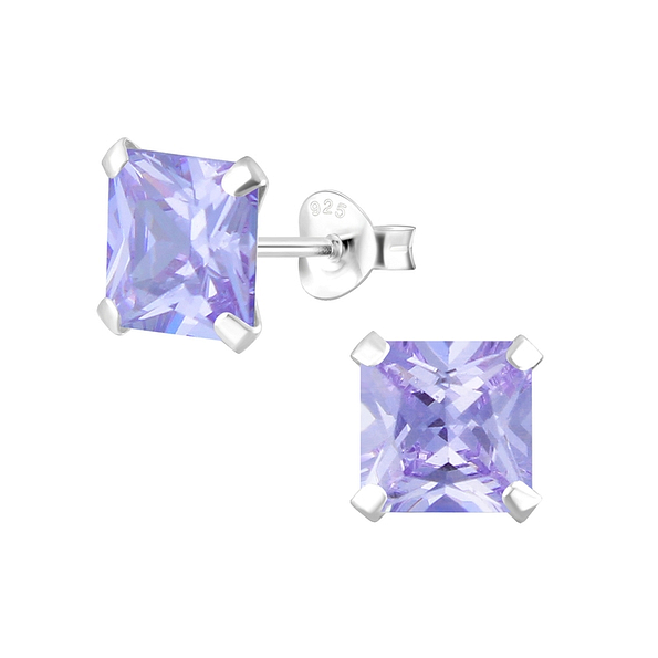 7mm Square Cubic Zirconia Silver Stud Earrings - 1335
