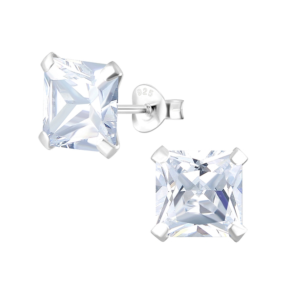 8mm Square Cubic Zirconia Silver Stud Earrings - 1336