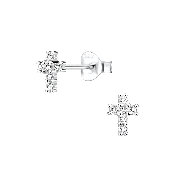 Silver Cross Cubic Zirconia Stud Earrings - 1285