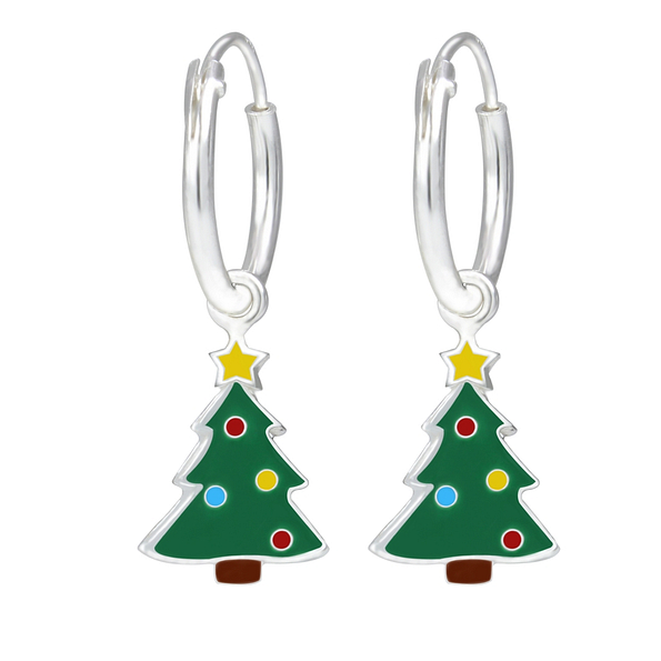 Silver Christmas Tree Charm Hoop Earrings - 1759
