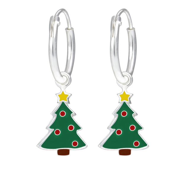 Silver Christmas Tree Charm Hoop Earrings - 1760 Silver Christmas Tree Charm Hoop Earrings - 1760