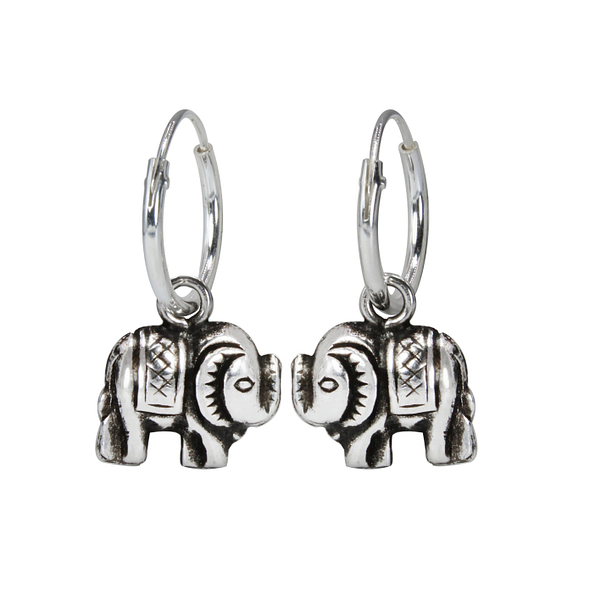 Silver Elephant Charm Hoop Earrings - 1661