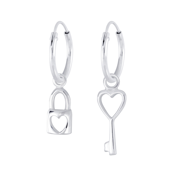 Silver Lock and Key Charm Hoop Earrings - 1662