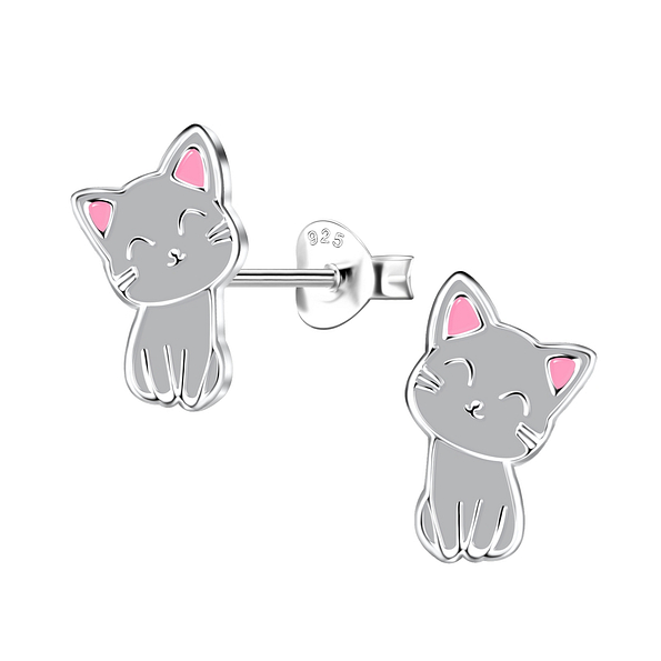 Silver Cat Stud Earrings - 2000