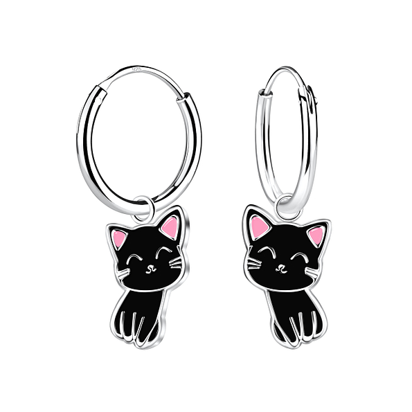 Silver Cat Charm Hoop Earrings - 2006