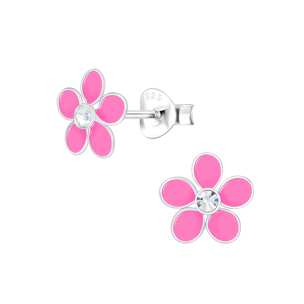 Silver Flower Crystal Stud Earrings - 1834