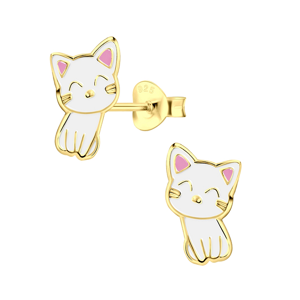 Silver Cat Stud Earrings - 2573