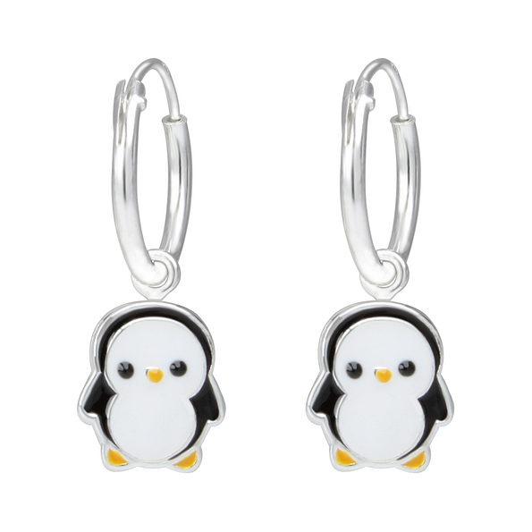 Silver Penguin Charm Hoop Earrings - 1986