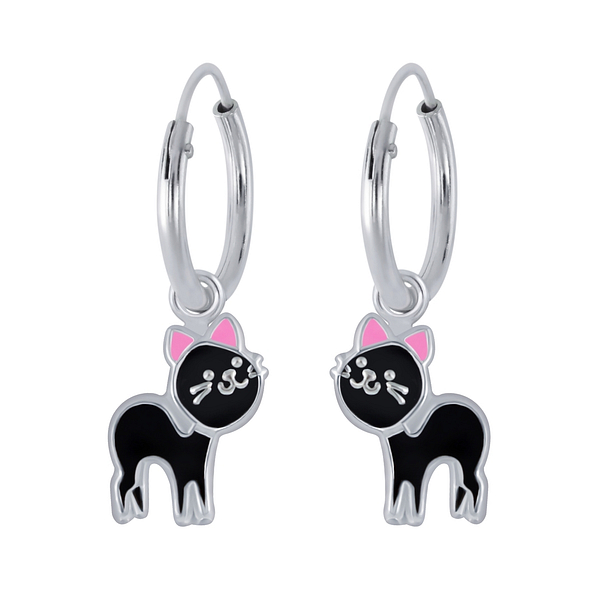 Silver Cat Charm Hoop Earrings - 1990