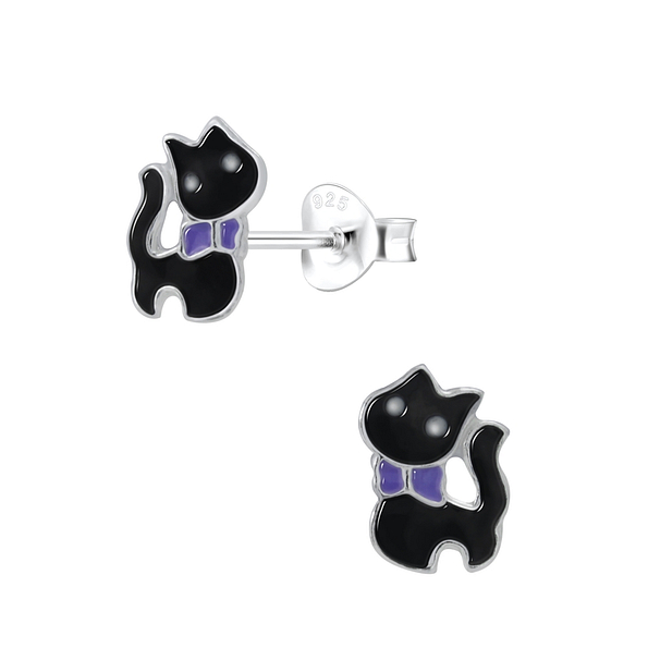 Silver Cat Stud Earrings - 2043