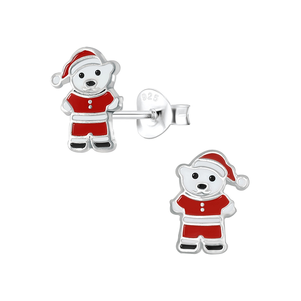 Silver Santa Bear Stud Earrings - 2367