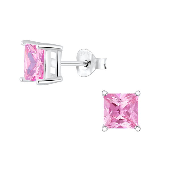 6mm Square Cubic Zirconia Silver Stud Earrings - 2055