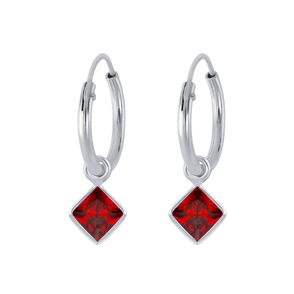 4mm Square Cubic Zirconia Silver Charm Hoop Earrings - 2244