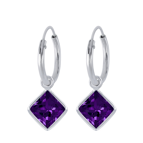 6mm Square Cubic Zirconia Silver Charm Hoop Earrings - 2245