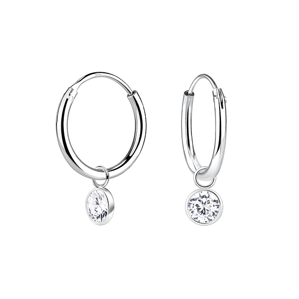 4mm Round Cubic Zirconia Silver Charm Hoop Earrings - 2307