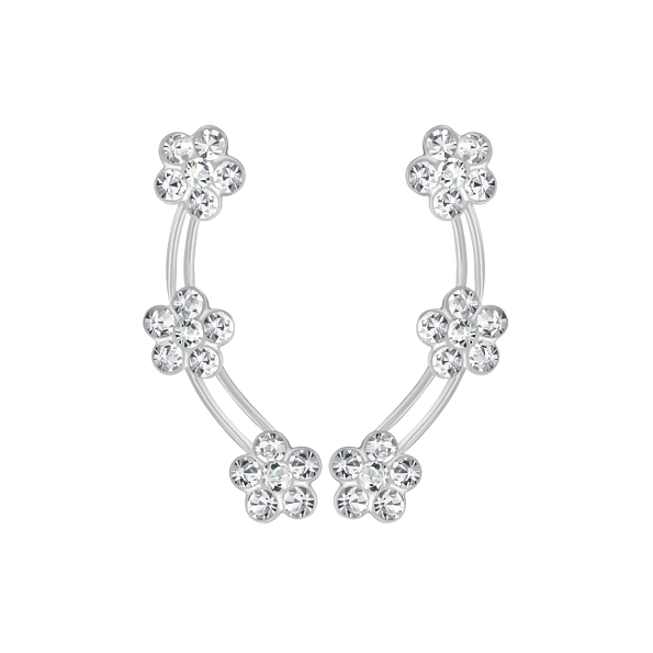 Silver Flower Crystal Ear Climbers - 2775