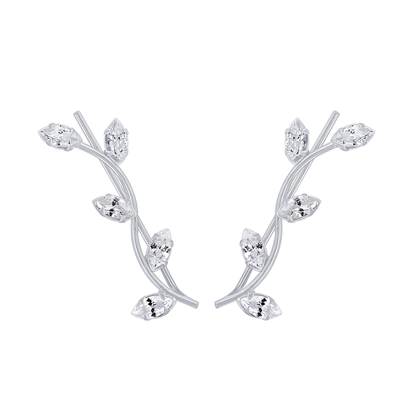Silver Branch Cubic Zirconia Ear Climbers - 2792