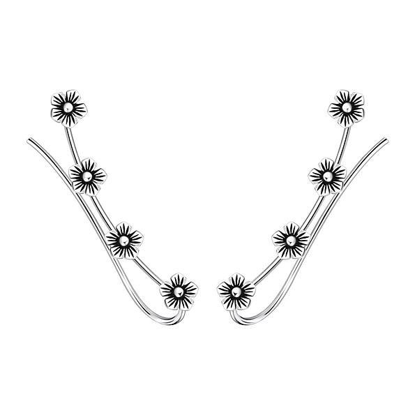 Silver Flower Ear Climbers - 2787