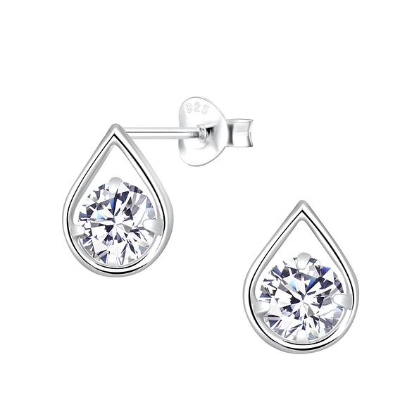 Silver Tear Drop Cubic Zirconia Stud Earrings - 2649