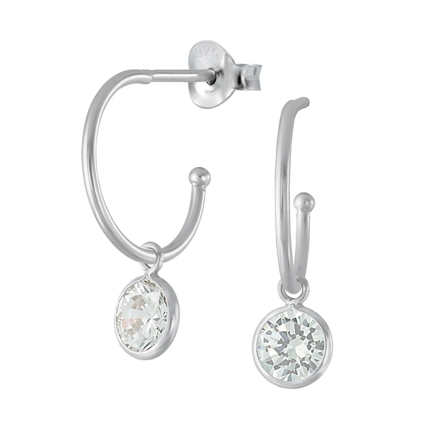 Silver Half Hoop Stud Earrings With Hanging Cubic Zirconia - 2540