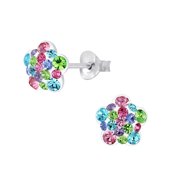 Silver Flower Crystal Stud Earrings - 3080