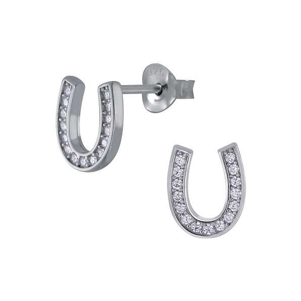 Silver Horseshoe Cubic Zirconia Stud Earrings - 3052