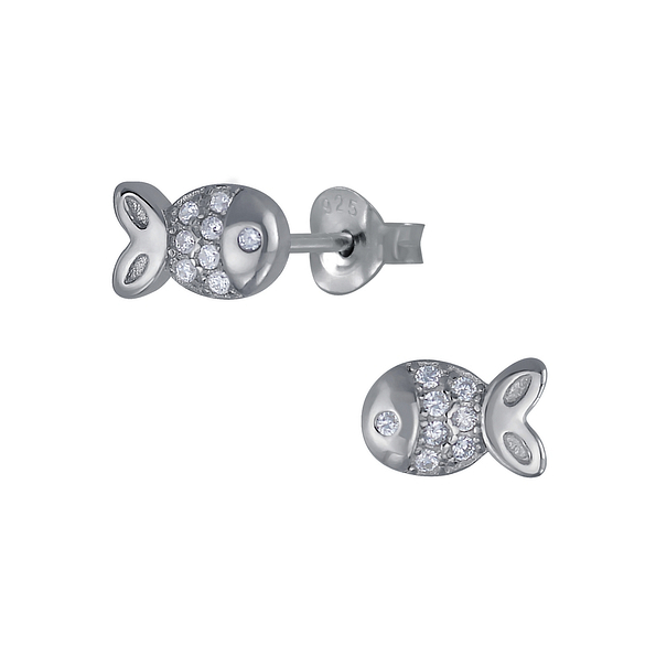 Silver Fish Cubic Zirconia Stud Earrings - 3053