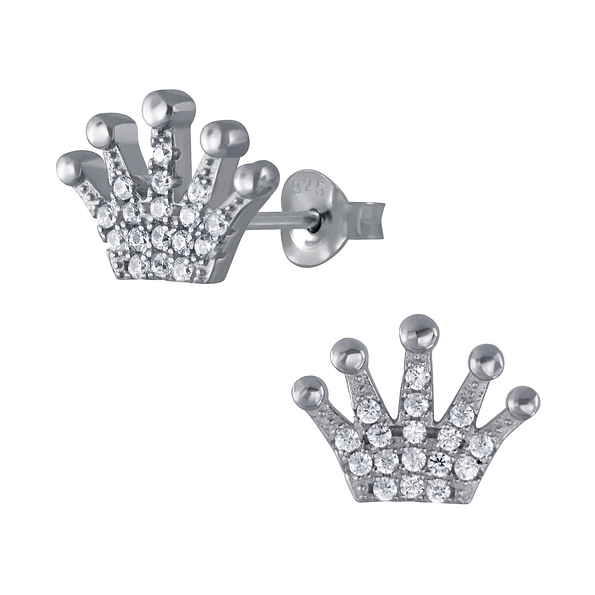 Silver Crown Cubic Zirconia Stud Earrings - 3028