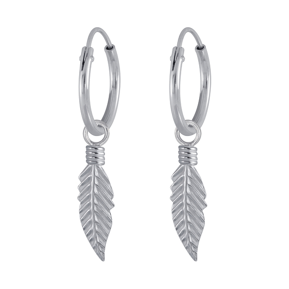 Silver Feather Charm Hoop Earrings - 3065