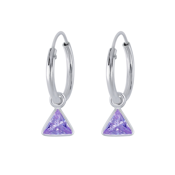 4mm Triangle Cubic Zirconia Silver Charm Hoop Earrings - 2800