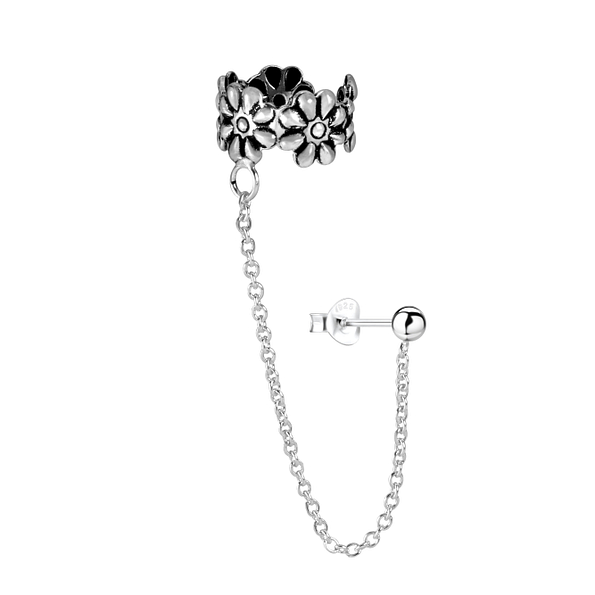 Silver Ball Stud Earring and Flower Ear Cuff with Chain - 3212