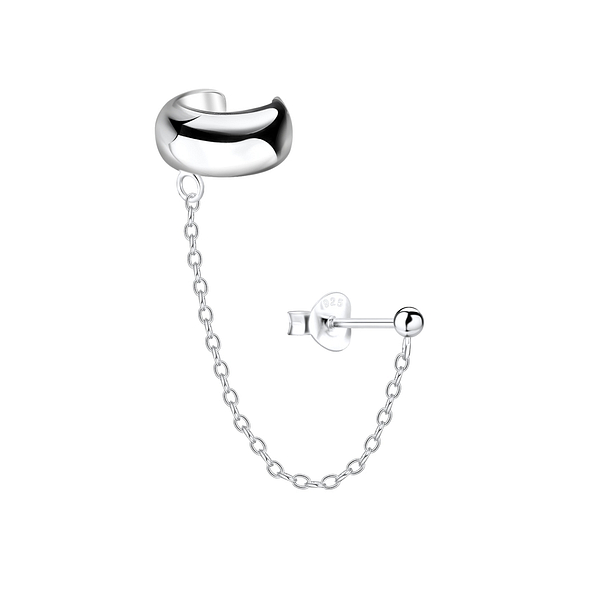 Silver Ball Stud Earring and Ear Cuff with Chain - 3209