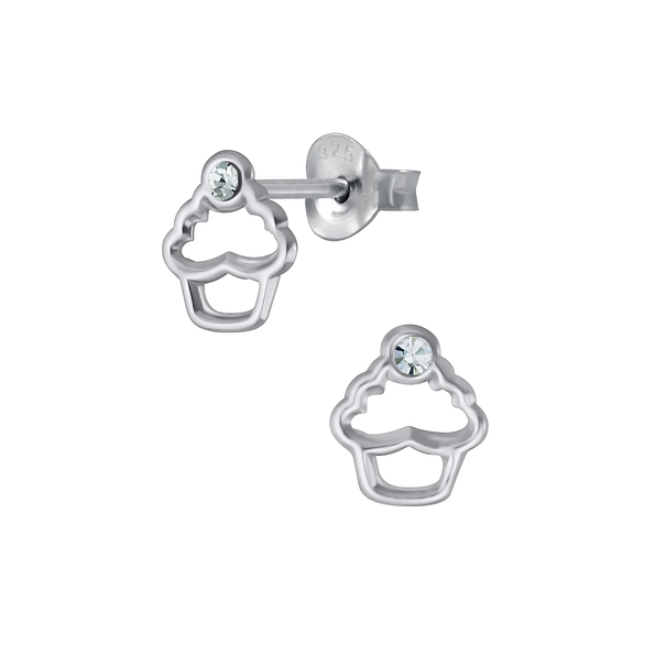 Silver Cupcake Crystal Stud Earrings - 3134