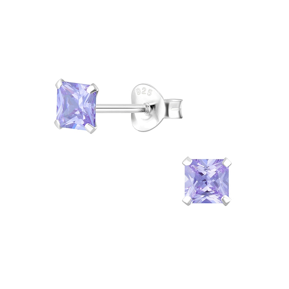 4mm Square Cubic Zirconia Silver Stud Earrings - 1332