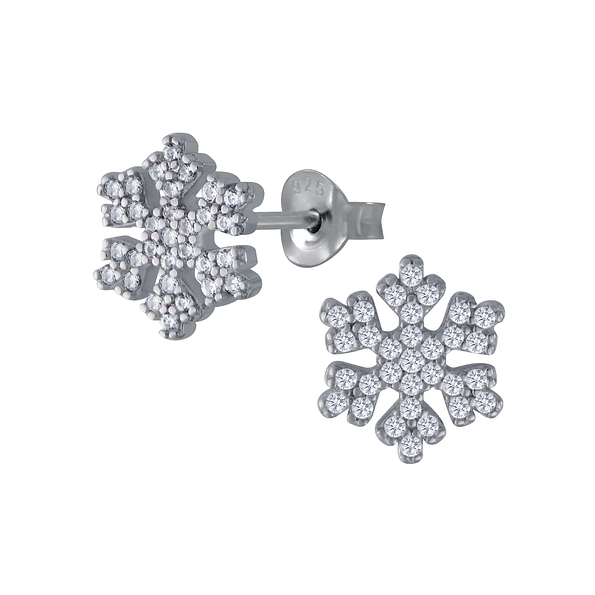 Silver Snowflake Cubic Zirconia Stud Earrings - 3095