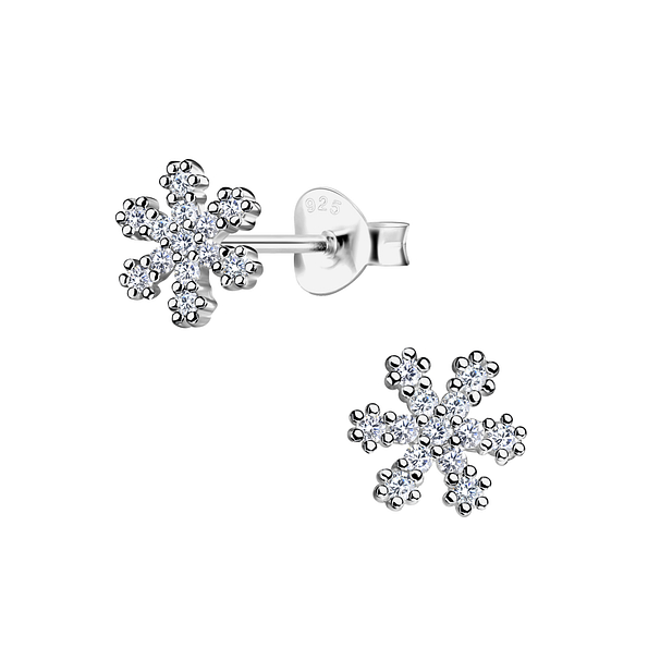 Silver Snowflake Cubic Zirconia Stud Earrings - 3094