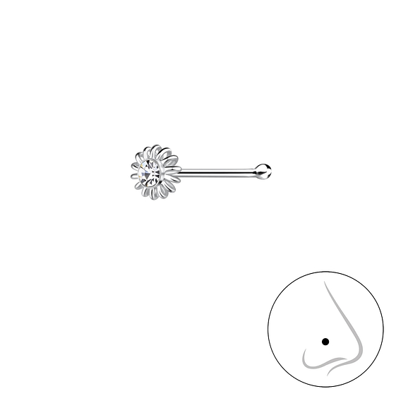 Silver Flower Crystal Nose Stud With Ball - 3267