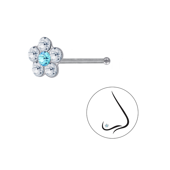 Silver Flower Crystal Nose Stud With Ball - 3260