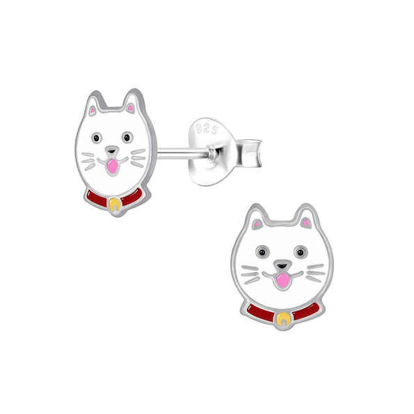 Silver Cat Stud Earrings - 4156