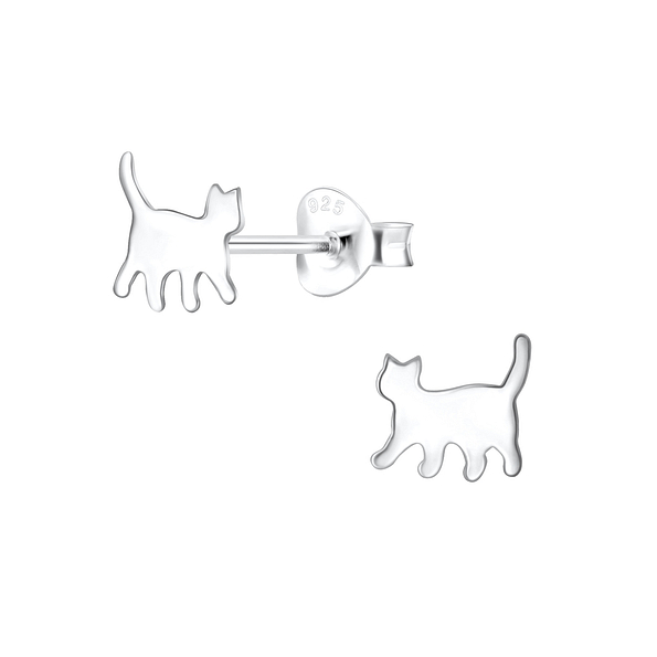 Silver Cat Stud Earrings - 3786