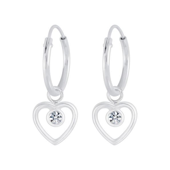 Silver Heart Crystal Charm Hoop Earrings - 4175