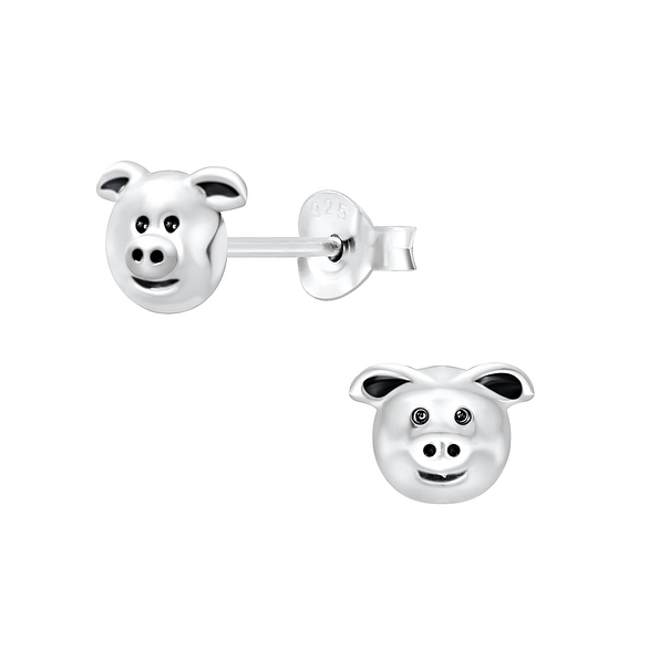 Silver Pig Stud Earrings - 4353