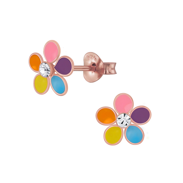 Silver Flower Crystal Stud Earrings - 4646