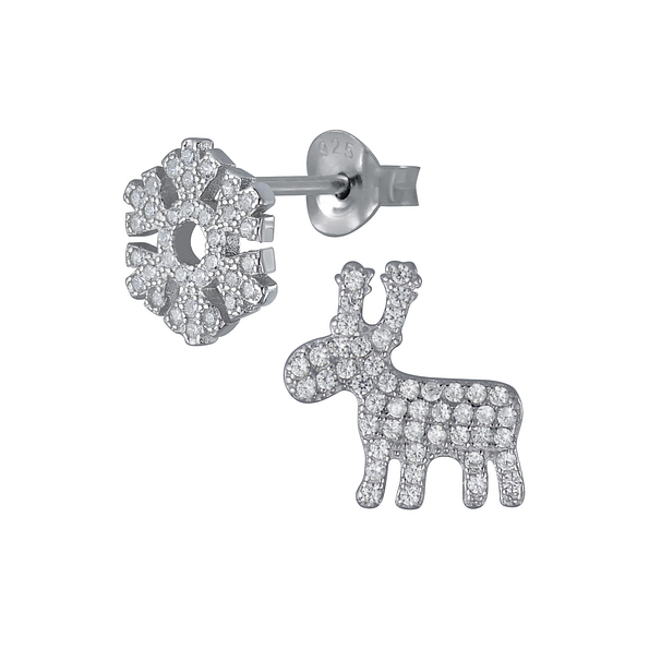 Silver Reindeer and Snowflake Stud Earrings - 4442