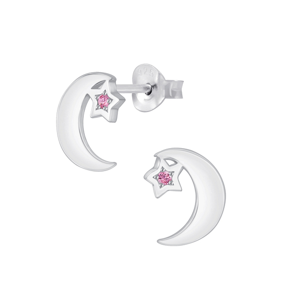 Silver Star Moon Cubic Zirconia Stud Earrings - 4545
