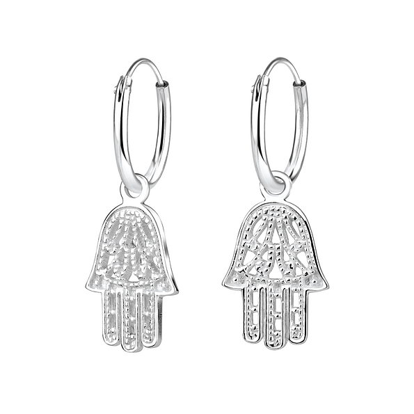 Silver Hamsa Charm Hoop Earrings - 4288